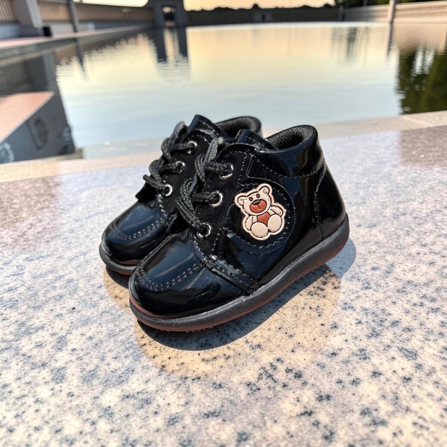 Adventurous Bear Patent Leather Baby Bootie