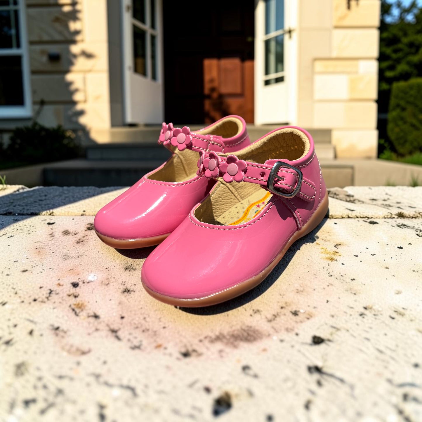 Zapatitos Rosa Charol con Flores Alegres