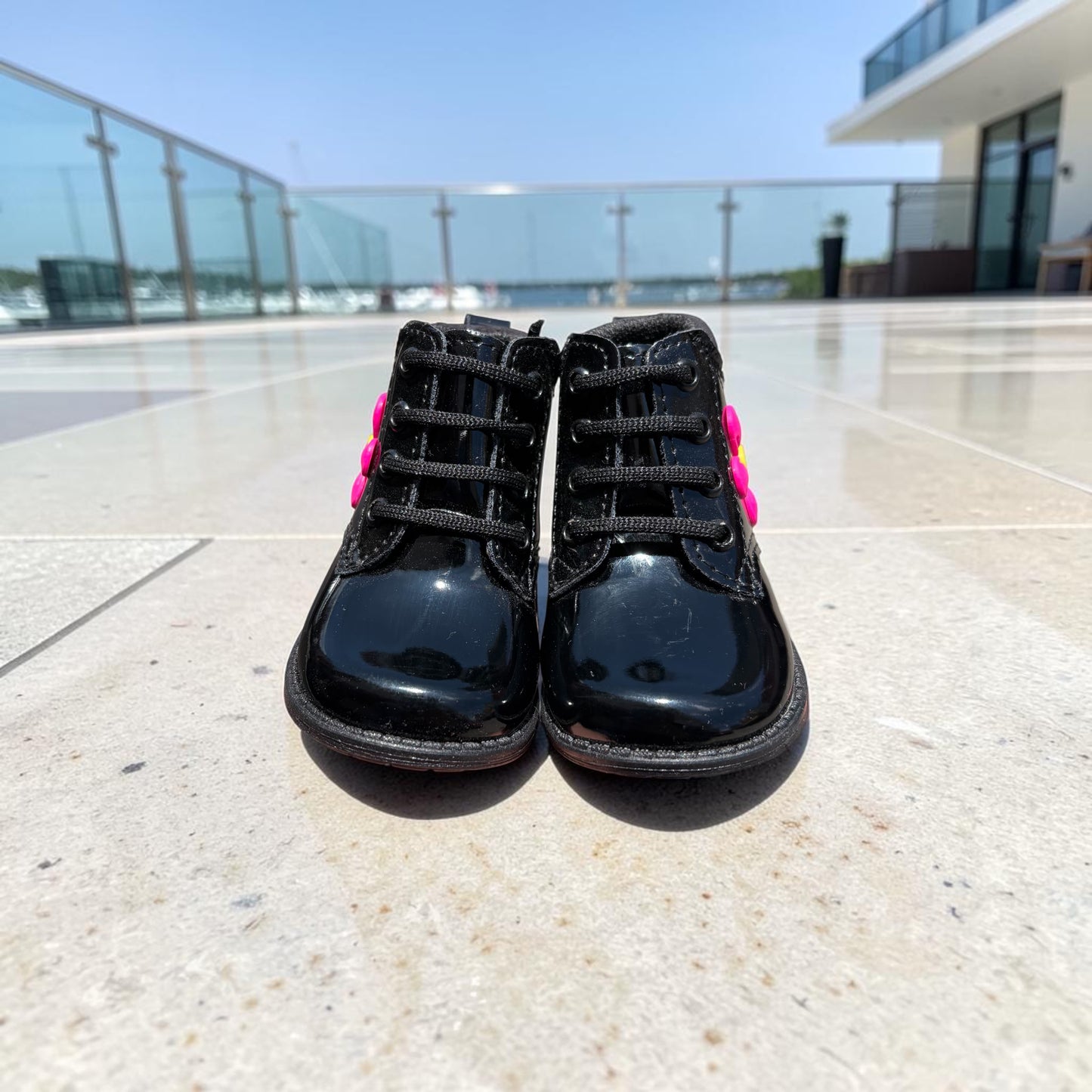 Girls' Patent Leather Boot with Floral Elegance