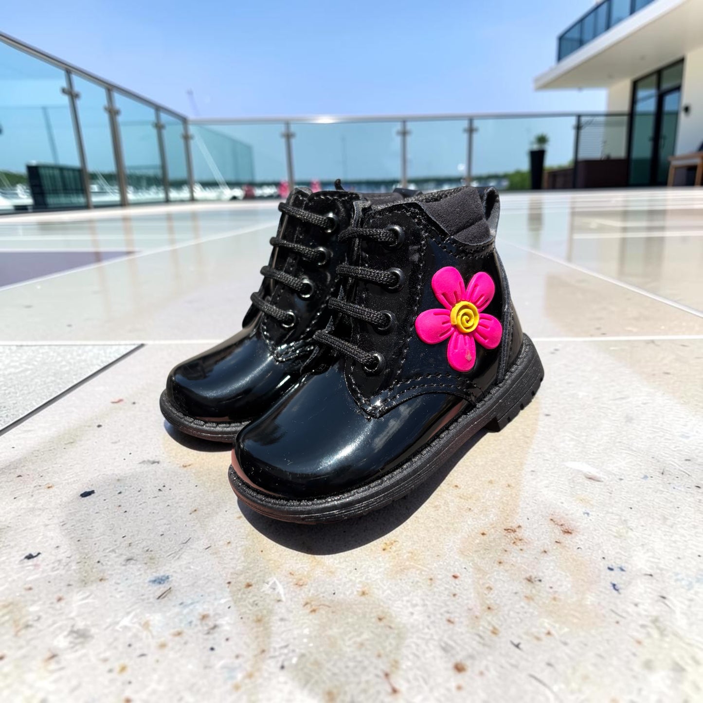 Girls' Patent Leather Boot with Floral Elegance