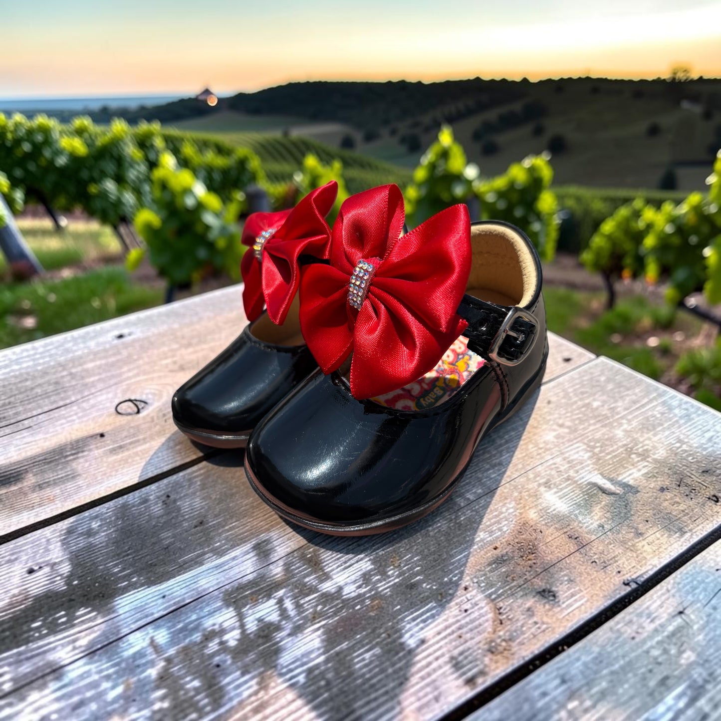 🤍 Patent Leather Shoes with a Big Red Bow